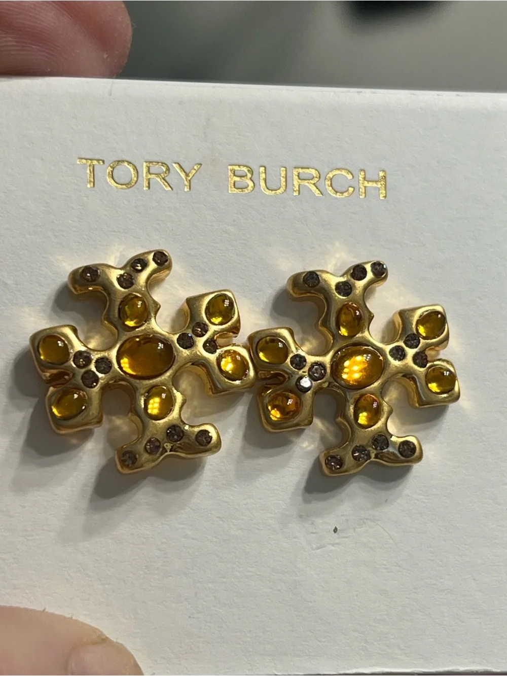 Tory Burch Gold Logo Stud Earrings with Amber Accents- NWT